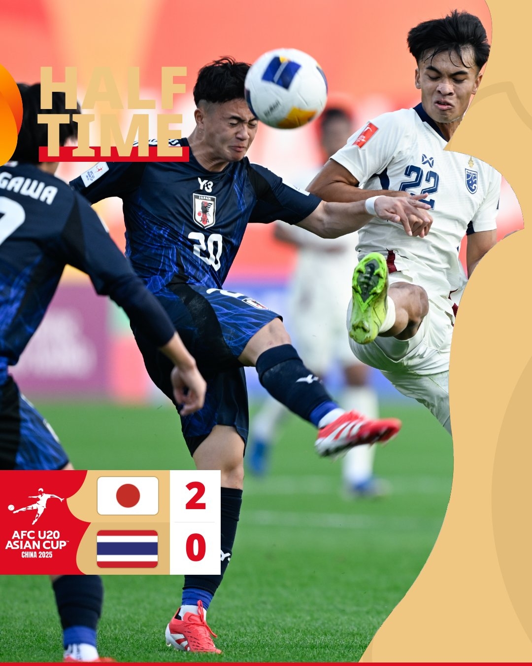  半場-日本U20 2-0領(lǐng)先泰國U20，石井久繼破門+中柱 泰國0射正
